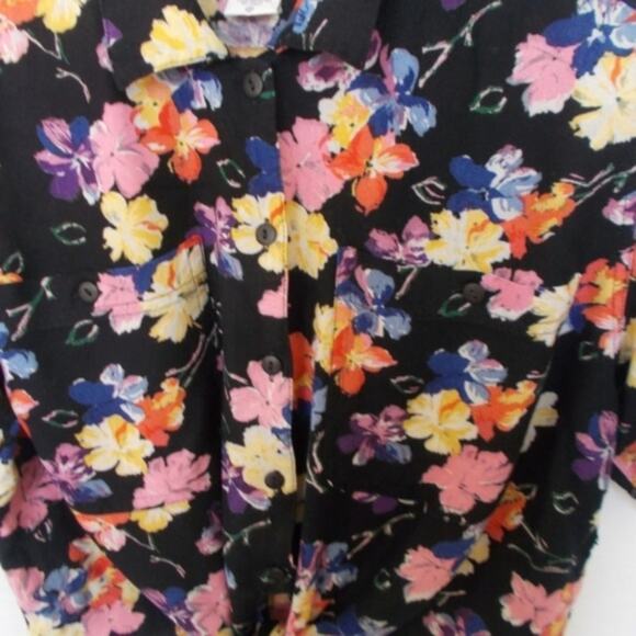 Vintage 7M Razzle Black Floral Cropped Tie Front Shirt 80's 90's Sz Small - Picture 5 of 7